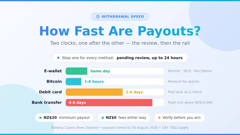 Betway Casino withdrawal times by method, from same-day e-wallets to bank transfers